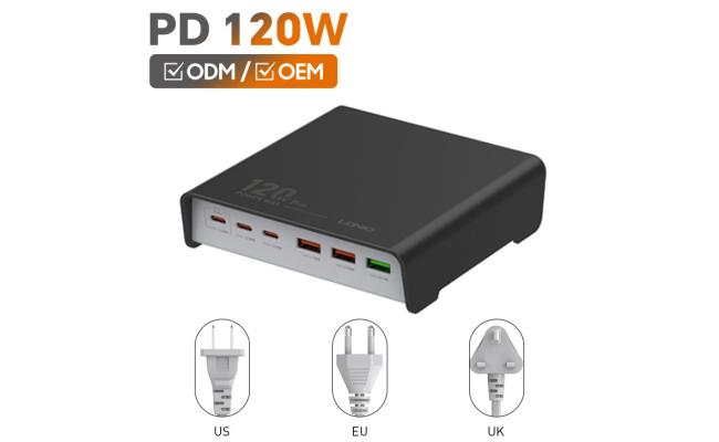 LDNIO Q605 120W 6 Ports USB C PD Tablet Laptop Fast Charger Multi-port High Power Desktop Charger US EU UK Plug Charger Adapter - Black